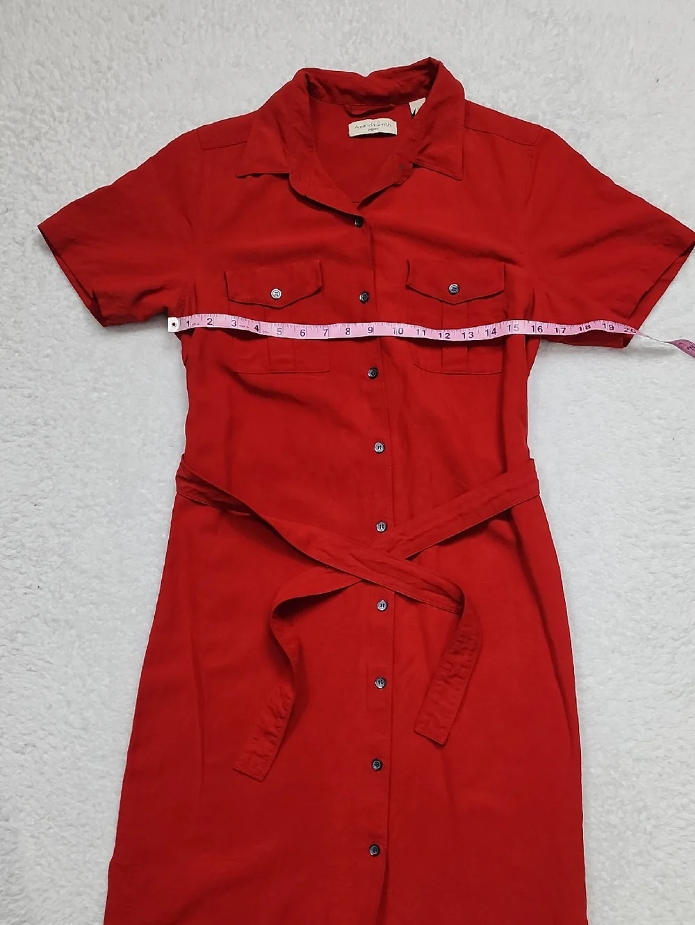 Vintage Amanda Smith Red Midi Button Front Dress Linen & Silk Tie Waist - Picture 3 of 8